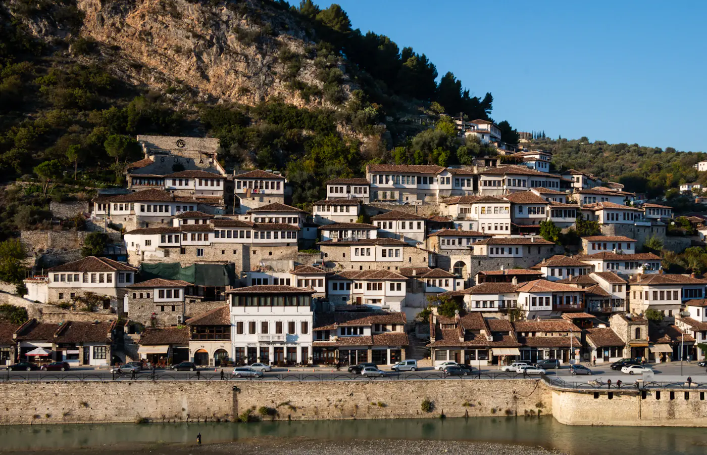 White hillside houses of Berat, Albania, seen from the slope below.