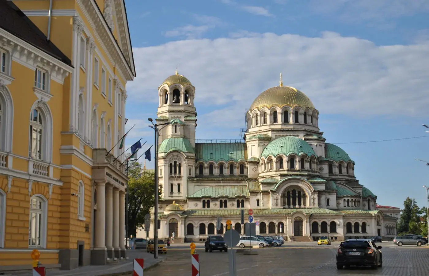 The green and gold domes of Alexander Nevsky Cathedral in Sofia, Bulgaria.