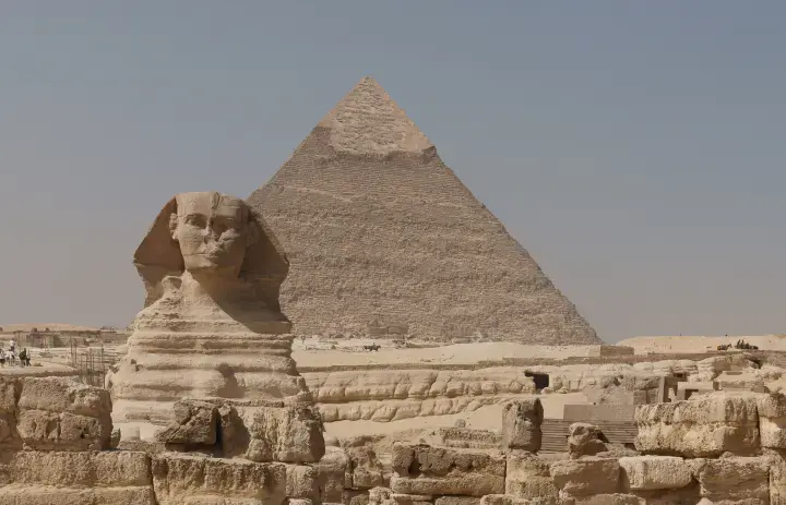 The Sphinx and pyramids on the Giza plateau in Egypt