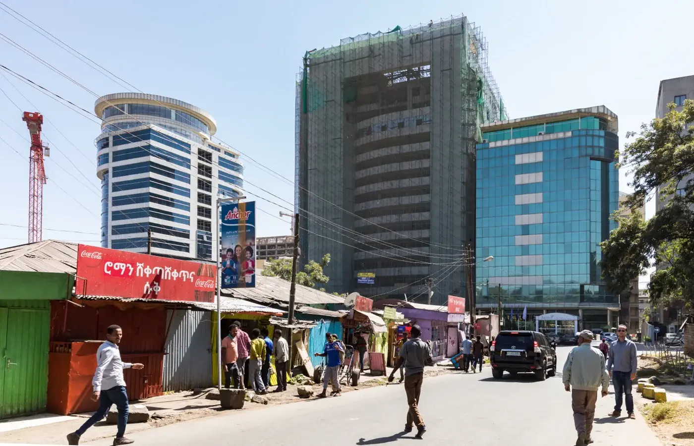 Street stalls, pedestrians and office buildings in central Addis Ababa
