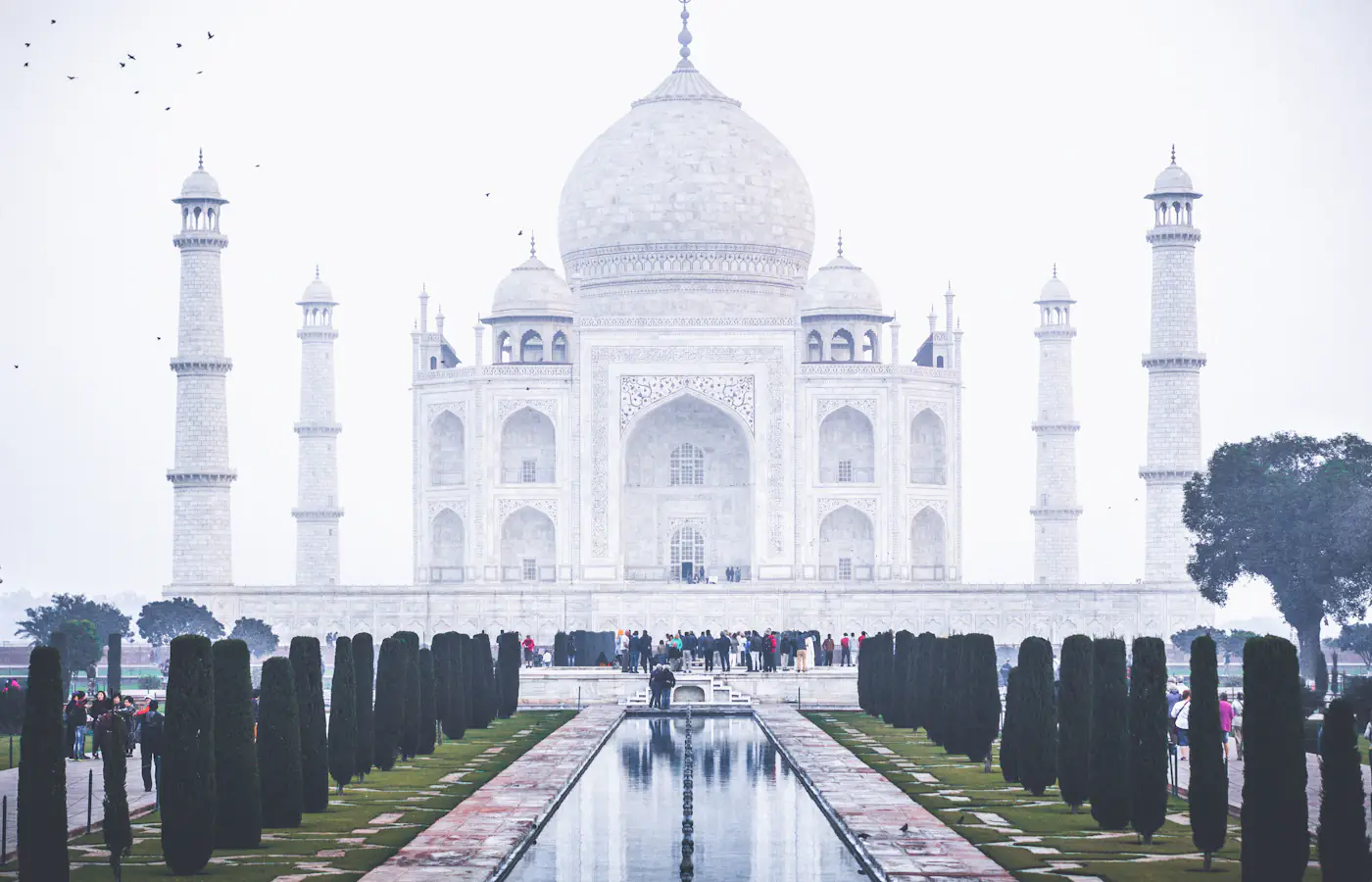 Il Taj Mahal ad Agra visto attraverso la sua vasca riflettente nel giardino.