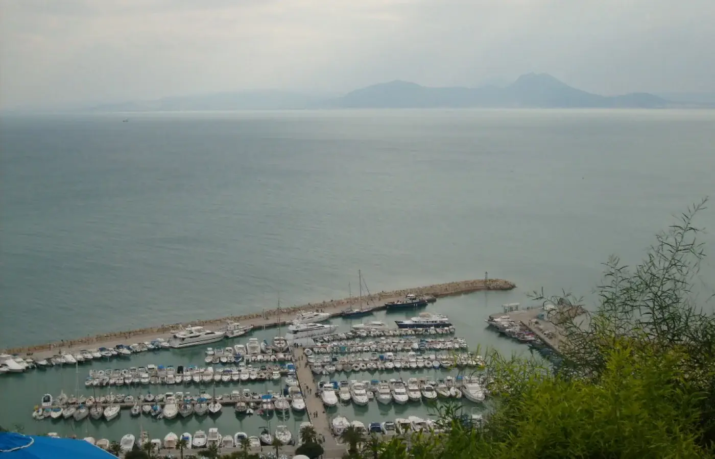 Marina Sidi Bou Said nad Zatoką Tuniską, w oddali góra Bou Kornine.